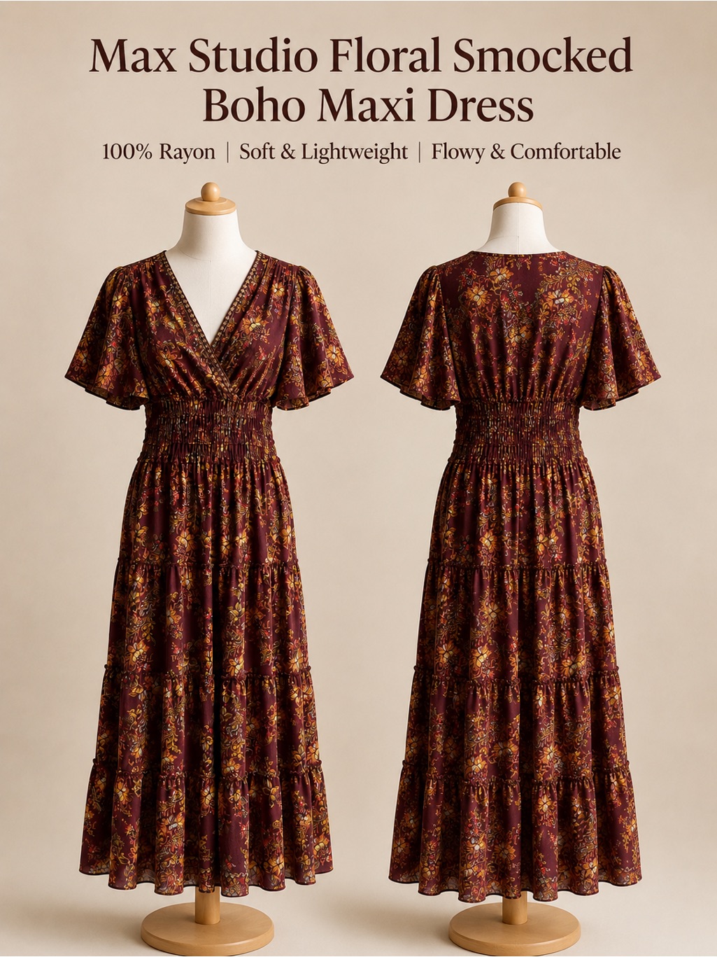 Max Studio Burgundy Floral Smocked Boho Maxi Dress